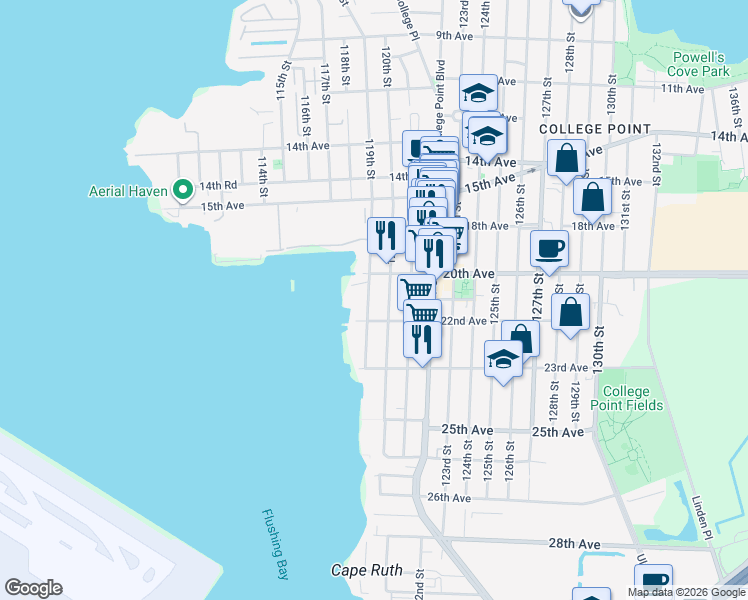 map of restaurants, bars, coffee shops, grocery stores, and more near 20-44 120th Street in Queens