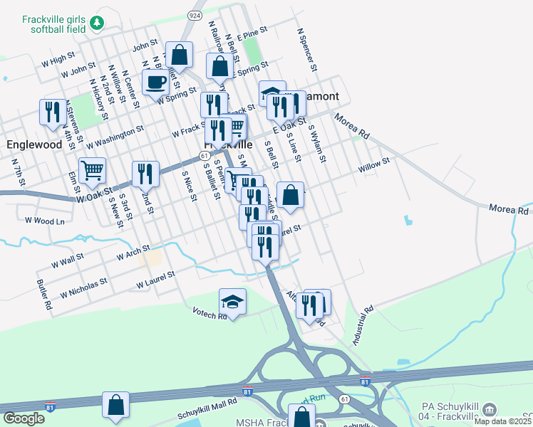 map of restaurants, bars, coffee shops, grocery stores, and more near 312 South Middle Street in Frackville