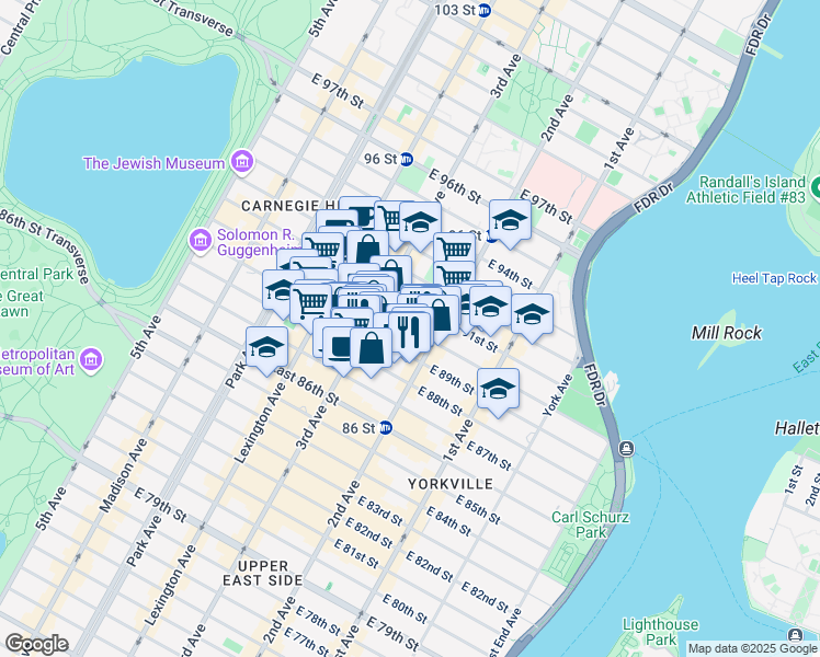 map of restaurants, bars, coffee shops, grocery stores, and more near East 90th Street in New York