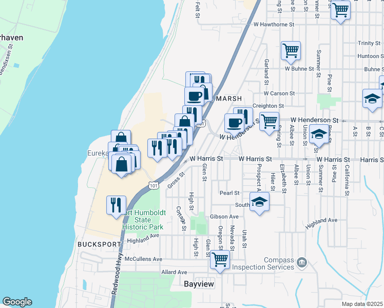 map of restaurants, bars, coffee shops, grocery stores, and more near 1200 West Harris Street in Eureka