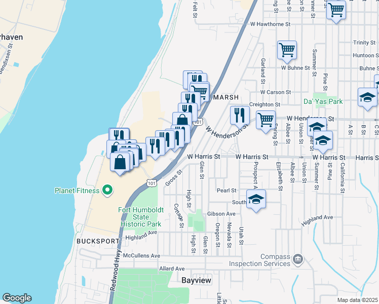 map of restaurants, bars, coffee shops, grocery stores, and more near 1200 West Harris Street in Eureka
