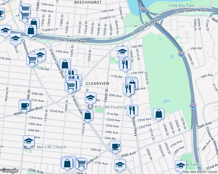 map of restaurants, bars, coffee shops, grocery stores, and more near 17-93 166th Street in Queens