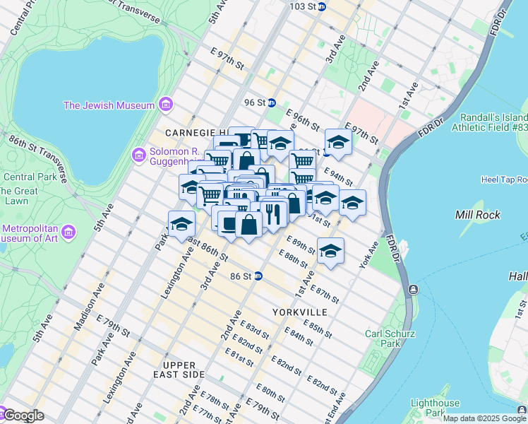 map of restaurants, bars, coffee shops, grocery stores, and more near 212 East 90th Street in New York