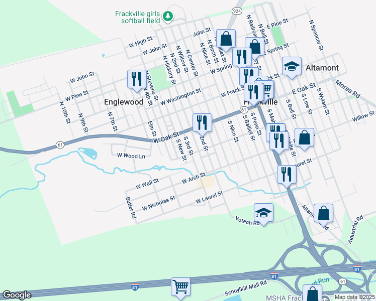 map of restaurants, bars, coffee shops, grocery stores, and more near 142 South 3rd Street in Frackville