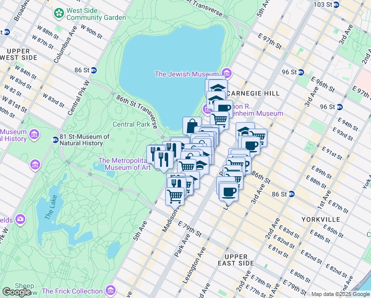 map of restaurants, bars, coffee shops, grocery stores, and more near 5th Avenue & East 85th Street in New York