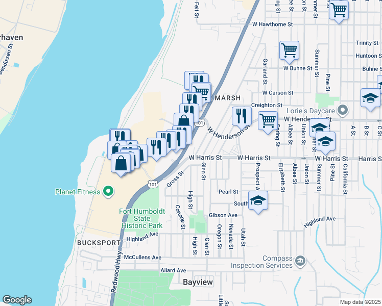 map of restaurants, bars, coffee shops, grocery stores, and more near 1200 West Harris Street in Eureka