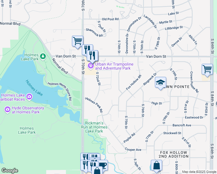 map of restaurants, bars, coffee shops, grocery stores, and more near 3160 South 72nd Street in Lincoln