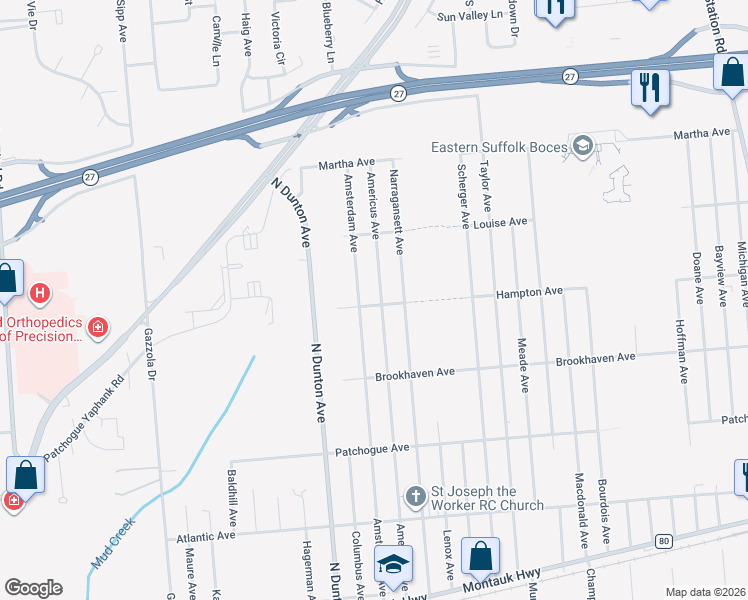 map of restaurants, bars, coffee shops, grocery stores, and more near 246 Hampton Avenue in Patchogue