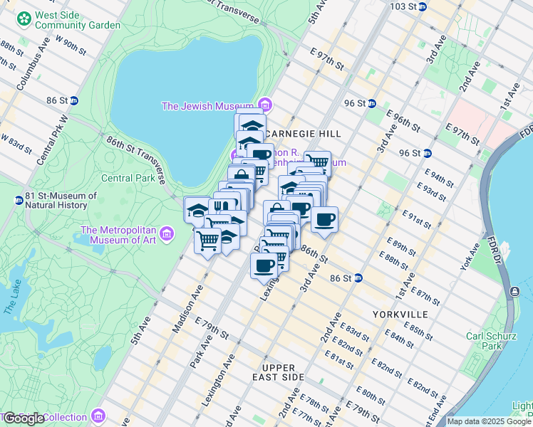 map of restaurants, bars, coffee shops, grocery stores, and more near 1040 Park Avenue in New York