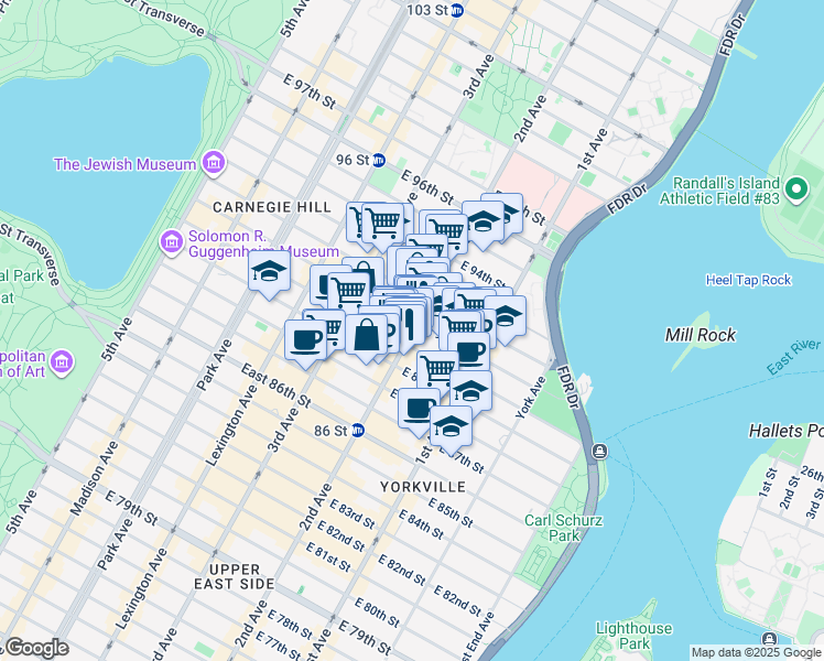 map of restaurants, bars, coffee shops, grocery stores, and more near 1745 2nd Avenue in New York