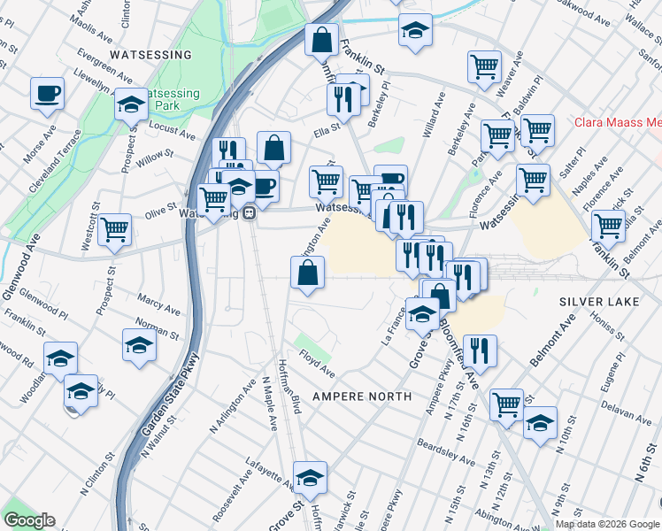 map of restaurants, bars, coffee shops, grocery stores, and more near 200 Bloomfield Avenue in Bloomfield