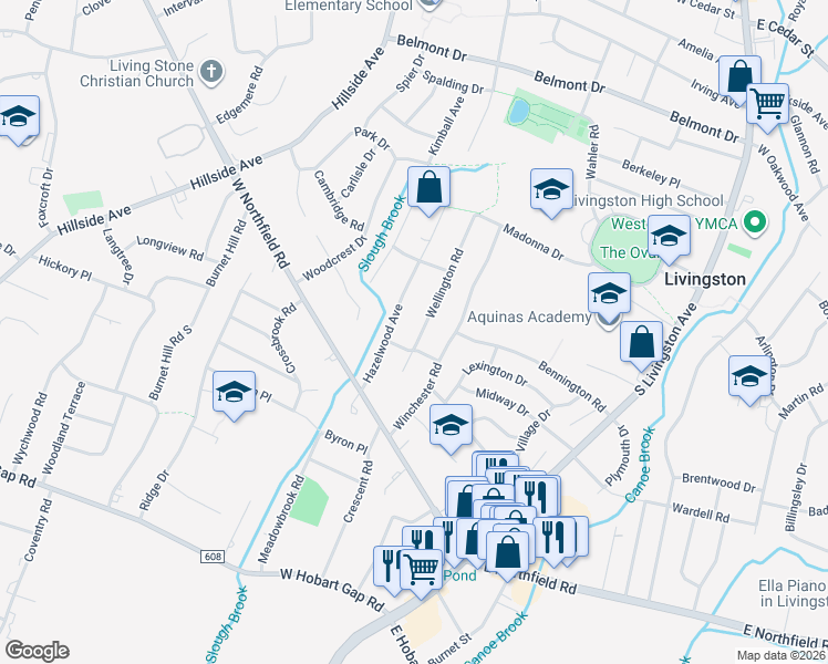 map of restaurants, bars, coffee shops, grocery stores, and more near 13 Wellington Road in Livingston