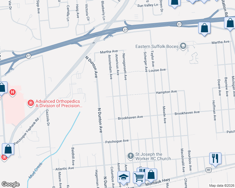 map of restaurants, bars, coffee shops, grocery stores, and more near 246 Hampton Avenue in Patchogue