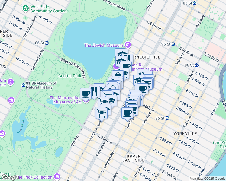 map of restaurants, bars, coffee shops, grocery stores, and more near 14 East 86th Street in New York