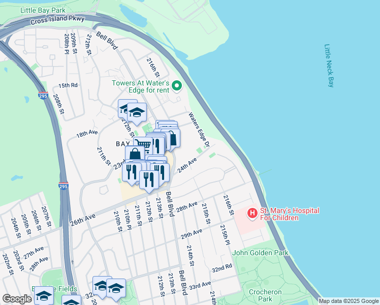 map of restaurants, bars, coffee shops, grocery stores, and more near 23-55 Bell Boulevard in Queens