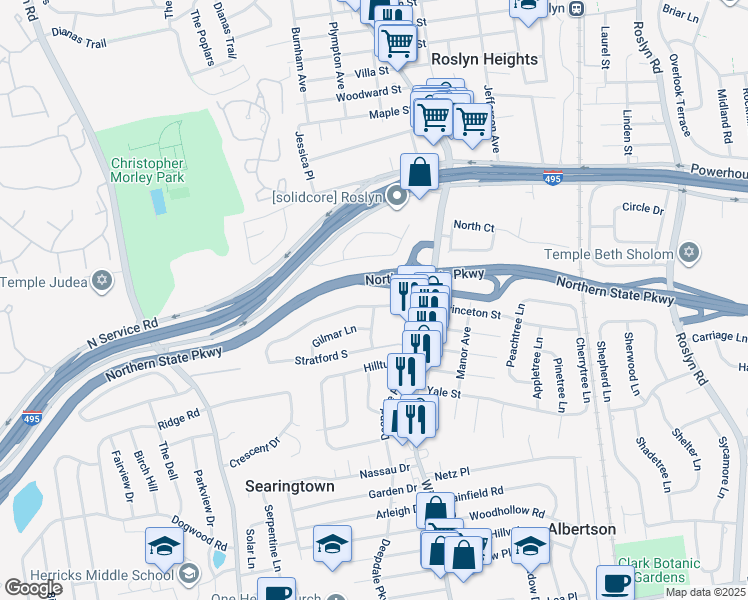 map of restaurants, bars, coffee shops, grocery stores, and more near 41 Stratford North in Roslyn Heights
