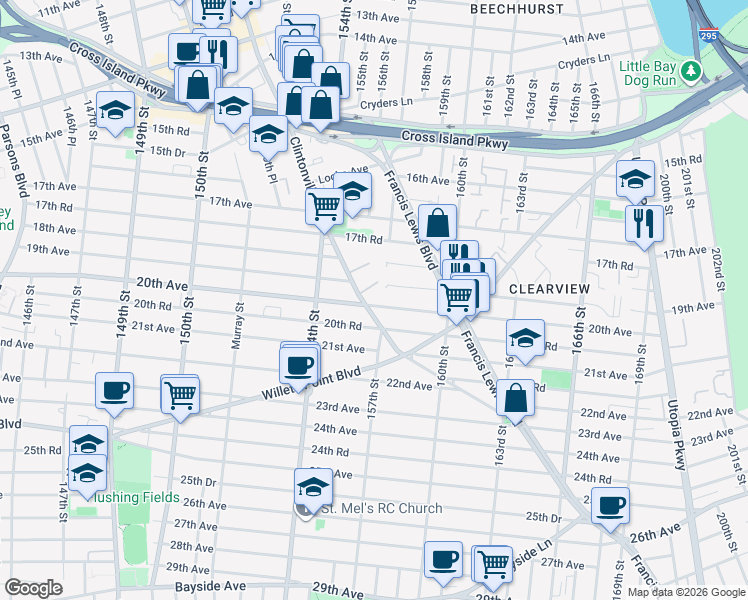 map of restaurants, bars, coffee shops, grocery stores, and more near 20-07 Clintonville Street in Queens