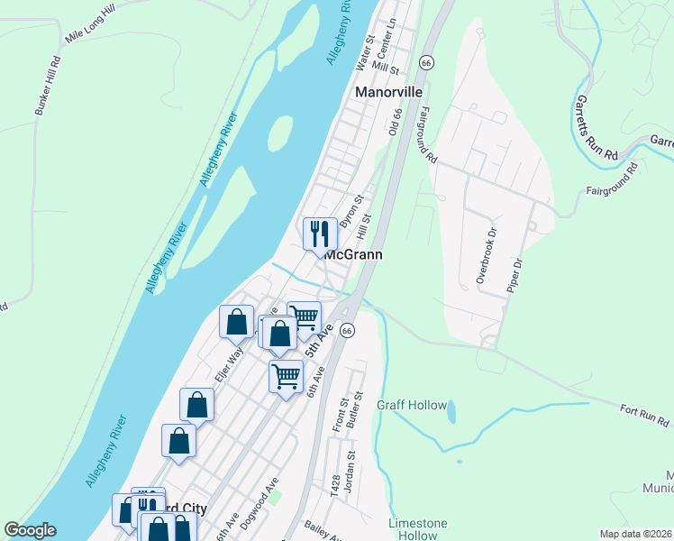 map of restaurants, bars, coffee shops, grocery stores, and more near 207 Byron Street in McGrann