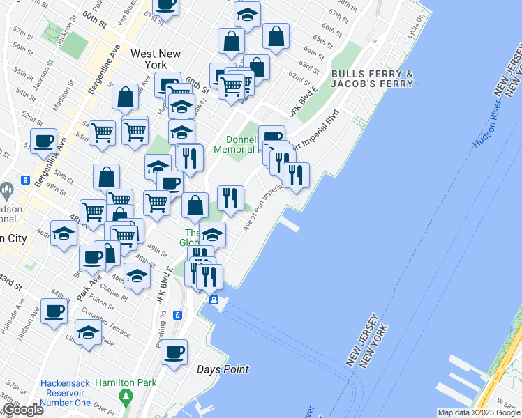 map of restaurants, bars, coffee shops, grocery stores, and more near 26 Avenue at Port Imperial in West New York