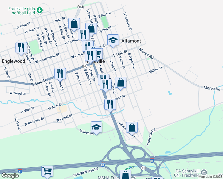 map of restaurants, bars, coffee shops, grocery stores, and more near 312 South Middle Street in Frackville
