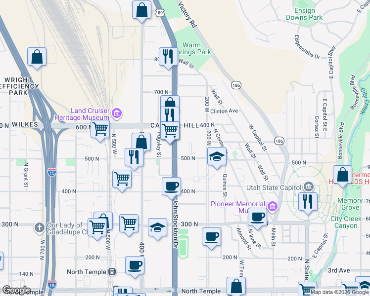 map of restaurants, bars, coffee shops, grocery stores, and more near 260 West 500 North in Salt Lake City