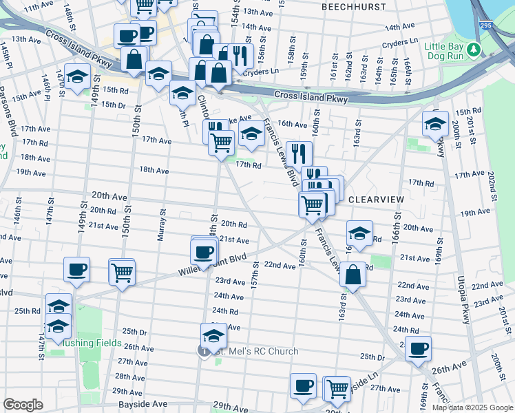 map of restaurants, bars, coffee shops, grocery stores, and more near 20-07 Clintonville Street in Queens