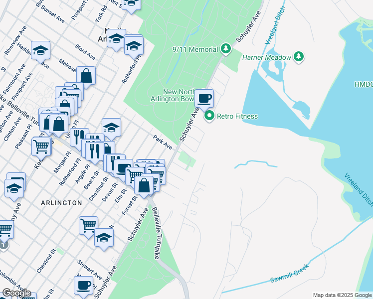 map of restaurants, bars, coffee shops, grocery stores, and more near 11 Vanderbilt Place in North Arlington