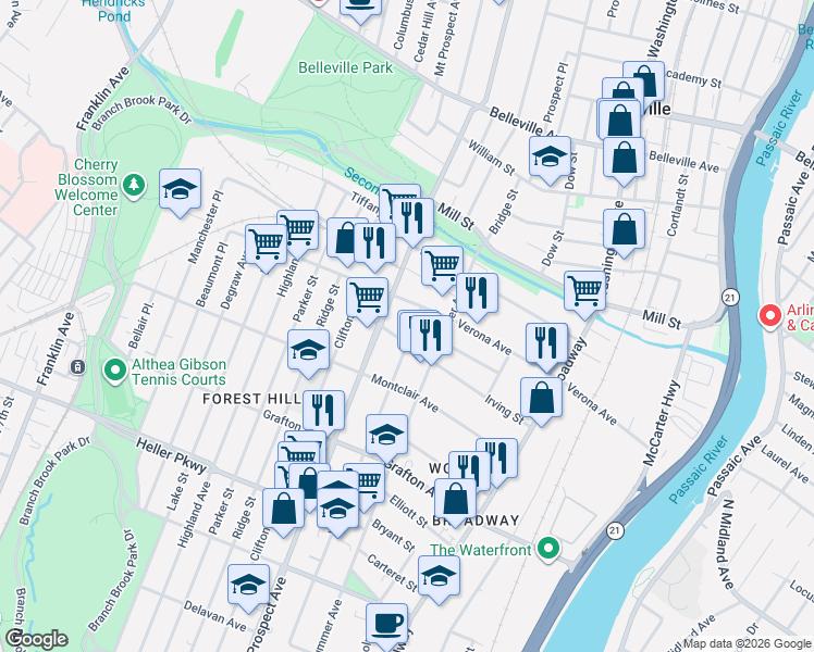 map of restaurants, bars, coffee shops, grocery stores, and more near 417 Woodside Avenue in Newark