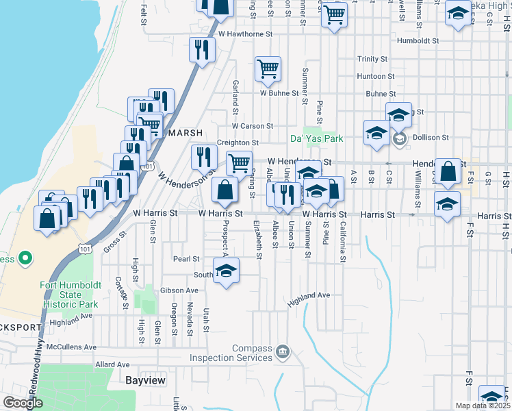 map of restaurants, bars, coffee shops, grocery stores, and more near 623 West Harris Street in Eureka