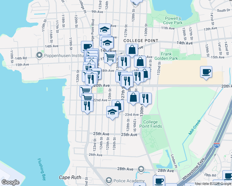 map of restaurants, bars, coffee shops, grocery stores, and more near 20-43 126th Street in Queens