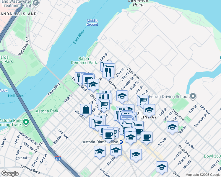 map of restaurants, bars, coffee shops, grocery stores, and more near 21-36 24th Street in Queens
