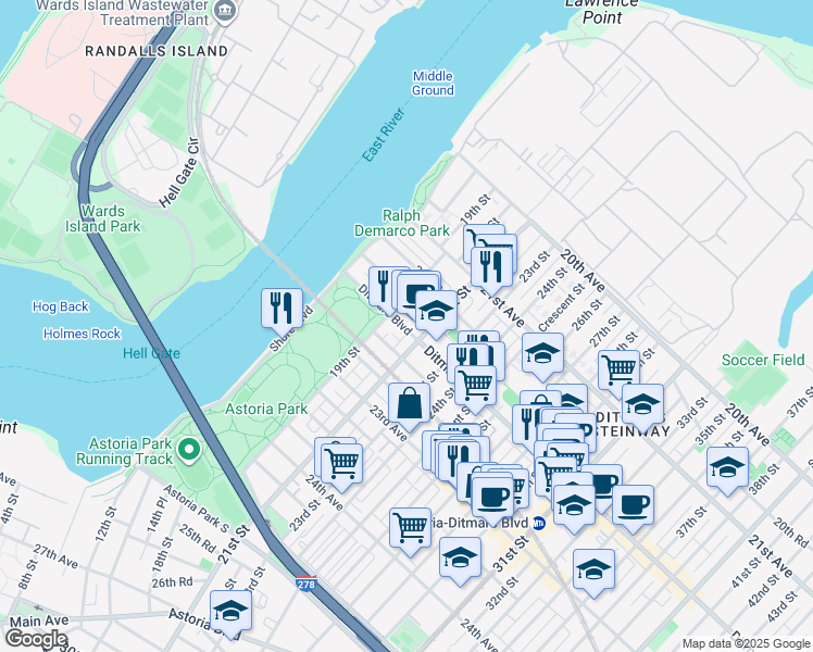 map of restaurants, bars, coffee shops, grocery stores, and more near 22-04 21st Street in Queens