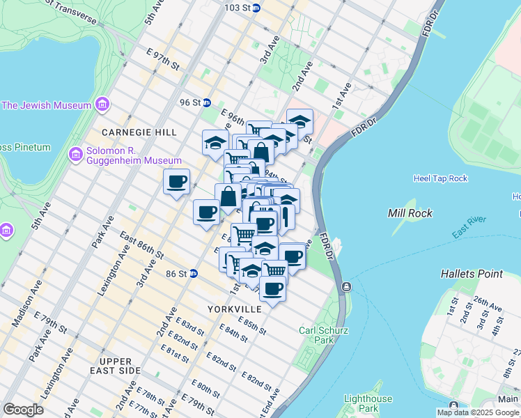 map of restaurants, bars, coffee shops, grocery stores, and more near in New York