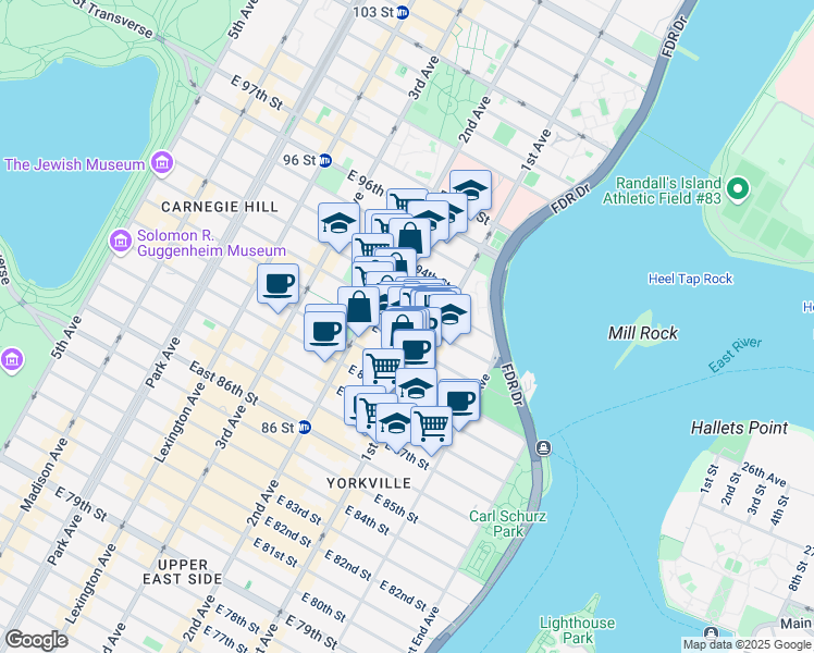 map of restaurants, bars, coffee shops, grocery stores, and more near 333 East 91st Street in New York