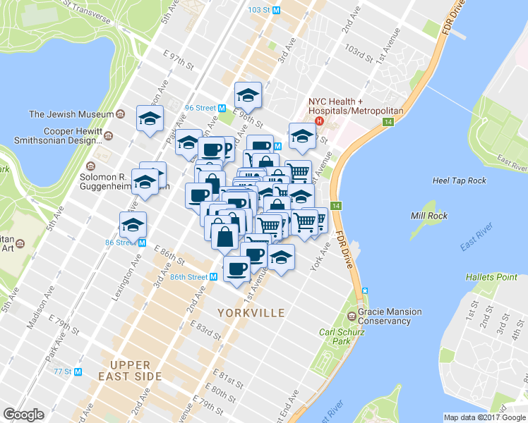 map of restaurants, bars, coffee shops, grocery stores, and more near 316 East 91st Street in New York