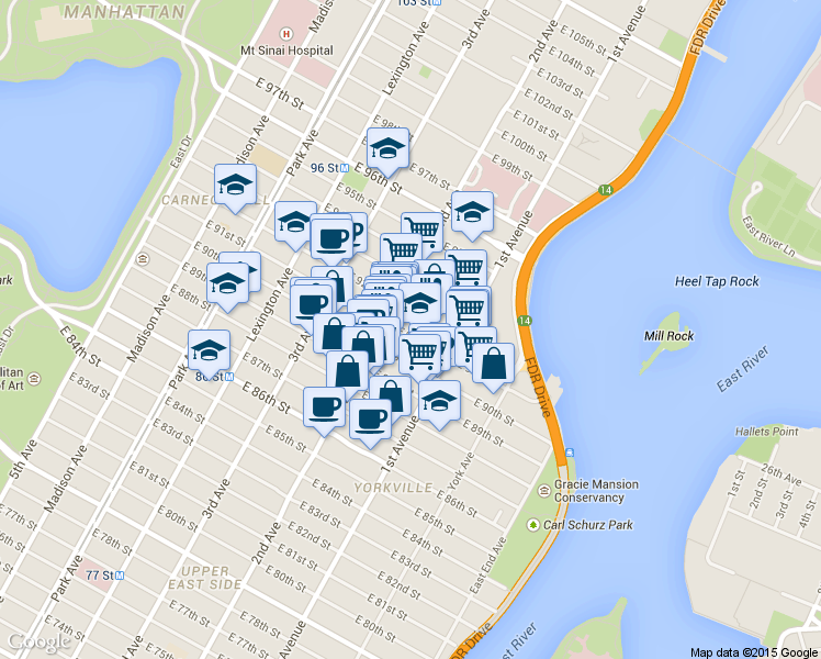 map of restaurants, bars, coffee shops, grocery stores, and more near 316 East 91st Street in New York