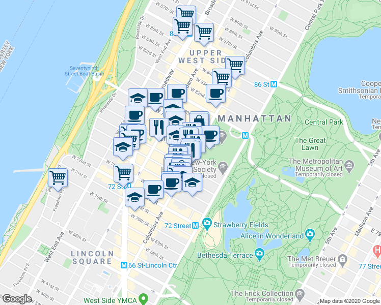 map of restaurants, bars, coffee shops, grocery stores, and more near in New York