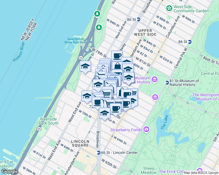 map of restaurants, bars, coffee shops, grocery stores, and more near 317 Amsterdam Avenue in New York