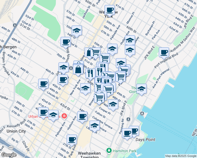 map of restaurants, bars, coffee shops, grocery stores, and more near 149-51 49th Street in Union City