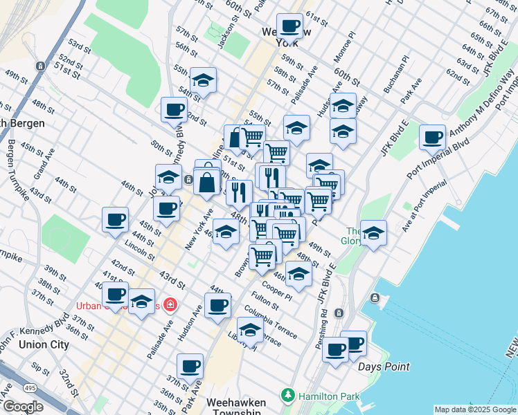 map of restaurants, bars, coffee shops, grocery stores, and more near 149-51 49th Street in Union City