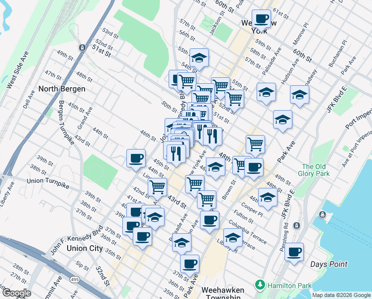 map of restaurants, bars, coffee shops, grocery stores, and more near 414 46th Street in Union City