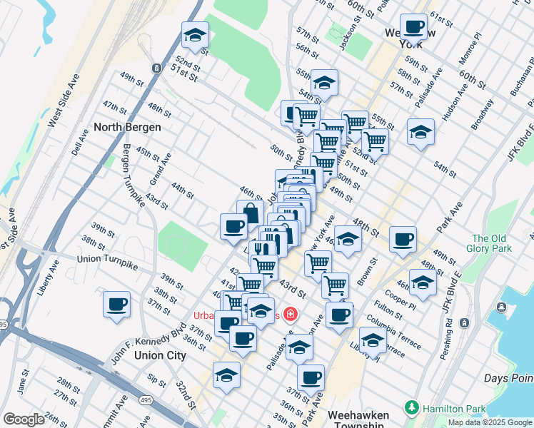 map of restaurants, bars, coffee shops, grocery stores, and more near 4508 John F. Kennedy Boulevard in Union City