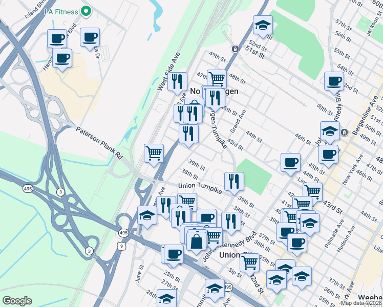 map of restaurants, bars, coffee shops, grocery stores, and more near 3816 Liberty Avenue in North Bergen