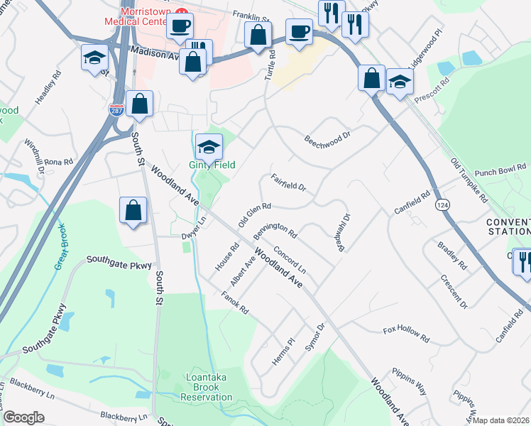map of restaurants, bars, coffee shops, grocery stores, and more near 9 Bennington Road in Morristown