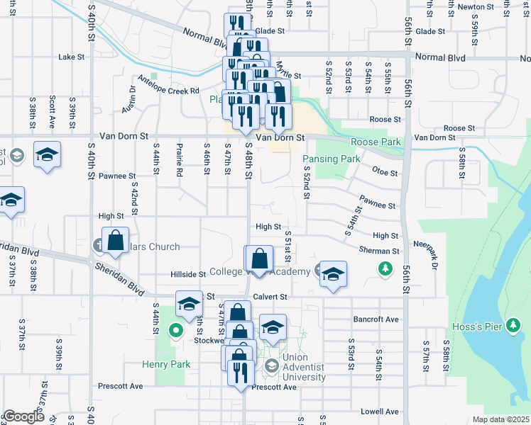 map of restaurants, bars, coffee shops, grocery stores, and more near 4836 High Street in Lincoln