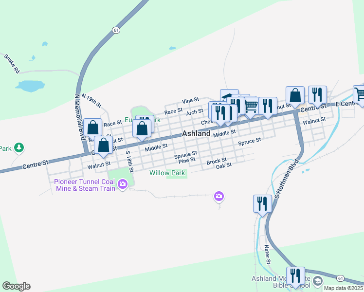 map of restaurants, bars, coffee shops, grocery stores, and more near 1305 Walnut Street in Ashland