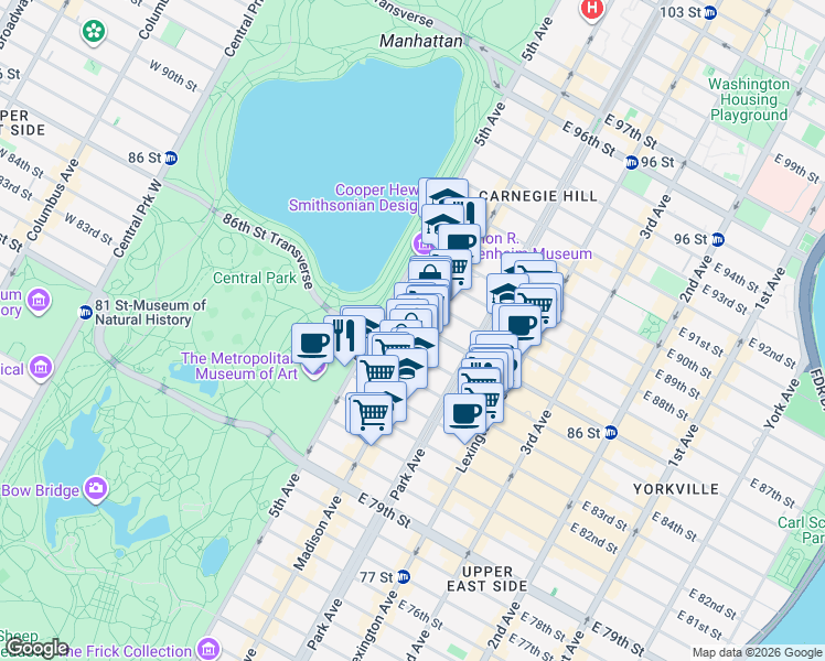 map of restaurants, bars, coffee shops, grocery stores, and more near 12 East 86th Street in New York