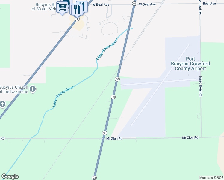 map of restaurants, bars, coffee shops, grocery stores, and more near 2130 Ohio 98 in Bucyrus