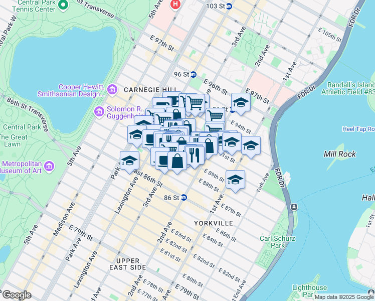 map of restaurants, bars, coffee shops, grocery stores, and more near 210 East 90th Street in New York