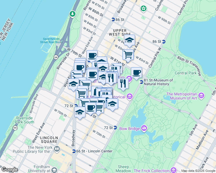 map of restaurants, bars, coffee shops, grocery stores, and more near 100-148 West 77th Street in New York